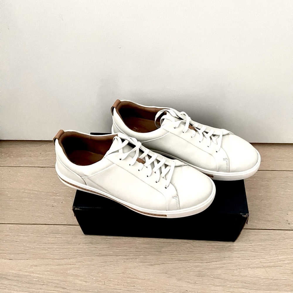 Clark’s white leather sneakers